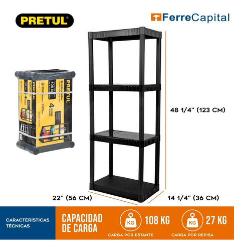 Estante Plástico, 4 Repisas, Pretul 25075