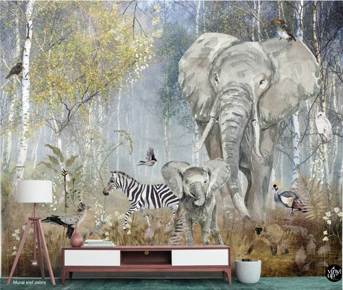 Vinilos Murales Empapelados Selva Elefante Mono Aves Plantas