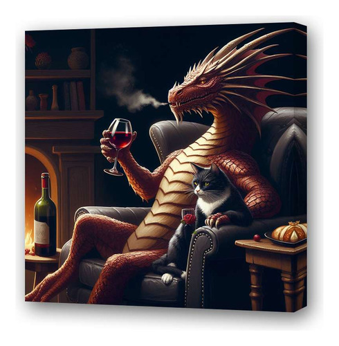 Cuadro 60x60cm Dragon Tomando Vino Gato Sillon Fumando