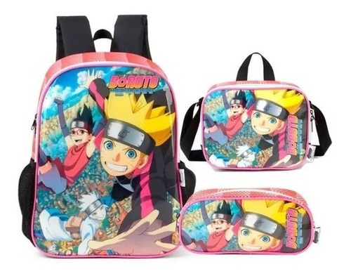 Kit Mochila Infantil Naruto Boruto Meninos Escolar Costas 