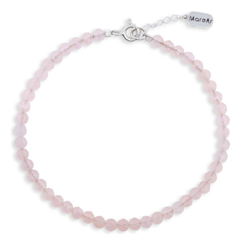 Pulseira Feminina Prata 925 E Pedrarias Naturais Facetadas De Quartzo Rosa - Comprimento 15 Cm - C/ Certificado