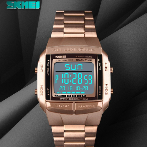 Relógio luminoso digital LED impermeável Skmei, cor de pulseira dourada