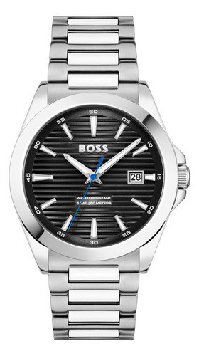 Reloj Boss Acero Plateado, Carátula Negra, Segundero Azul