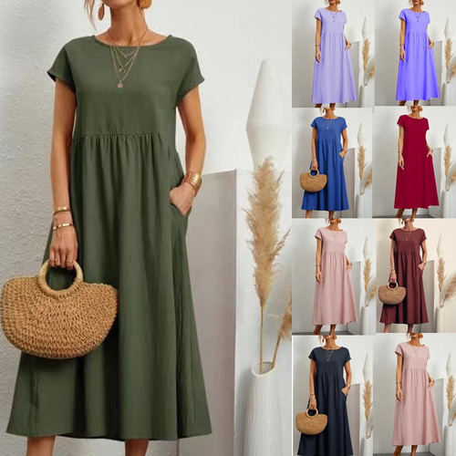 Vestido Suelto De Algodón Y Lino Con Bolsillo F