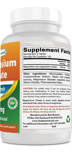 Imagen 2 de 2 de Citrato De Magnesio 400mg 250 Tabletas Best Naturals