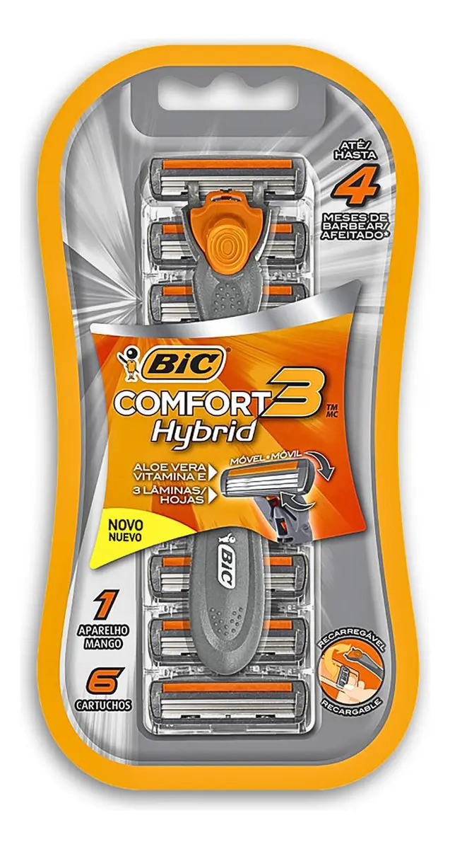 Aparelho De Barbear Bic Confort3 Hybrid Com 1 Cabo + 6 Cartuchos Barbeador