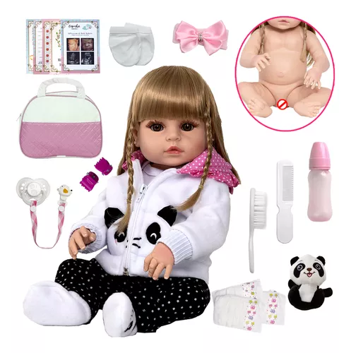 Boneca Bebe Reborn Realista Pandinha Linda Enxoval Completo