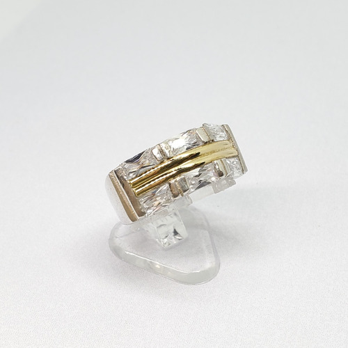 Imagen 3 de 10 de Anillo Plata Y Oro Piedra 6 Baguette Recto Blanco