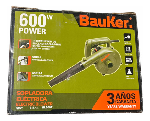 Soplador Eléctrico Bauker 600w Aspira 16krpm 1.6kg 3.5m3/min