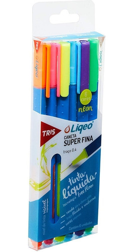 Caneta Super Fina Liqeo 0.4mm Tris C/ 6 Cores Neon