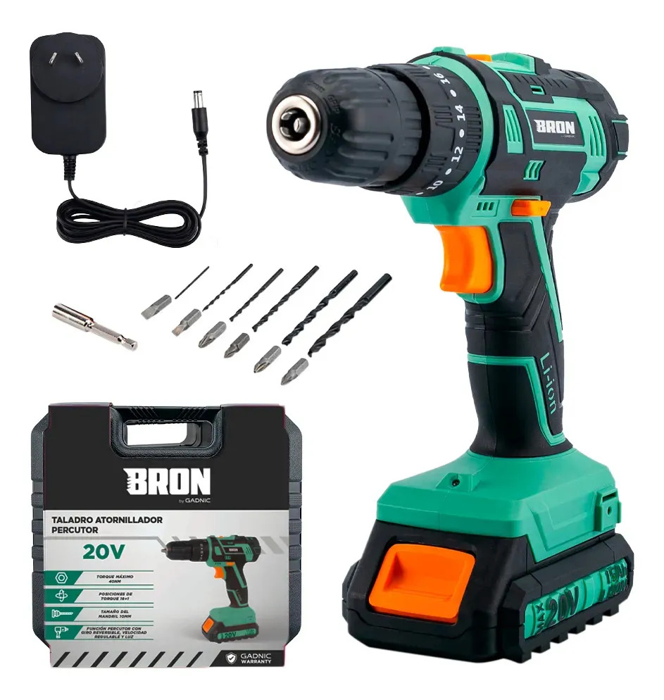 Taladro Atornillador Bron by Gadnic 20v Inalambrico 2 Baterias Ion Litio 1.5 Ah Torque 40 Nm 2 Velocidades Luz Led Portabrocas 10 Mm Maletin Bmc
