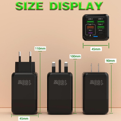 Bloque De Carga Usb C 150w Con Adaptador De Negro