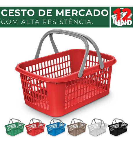 Kit 12 Cesta Cestinha Plástica Supermercado C/ Alça 09l Cor Vermelho