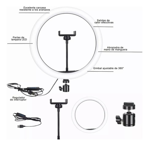 Moreka Aro De Luz 12 (32cm) Pulgadas De Iluminacion Usb Con Soporte Celula 3 Tonos Luz Blanca, Luz Cálida Y Luz Natural Rotación 360º Inclinación 180º Luz Blanco Neutro Color Negro