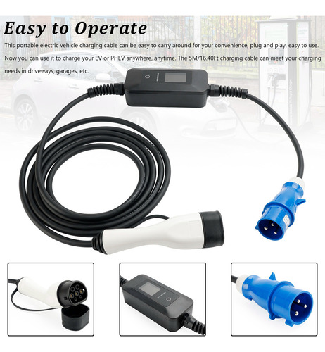 Cargador Cee De 3 Pines Tipo 2 Ev, Ajustable, 32 A, Digital,