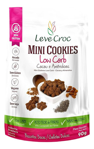 Cookie Low Carb De Cacau Amêndoas Sem Glúten Leve Crock 90g