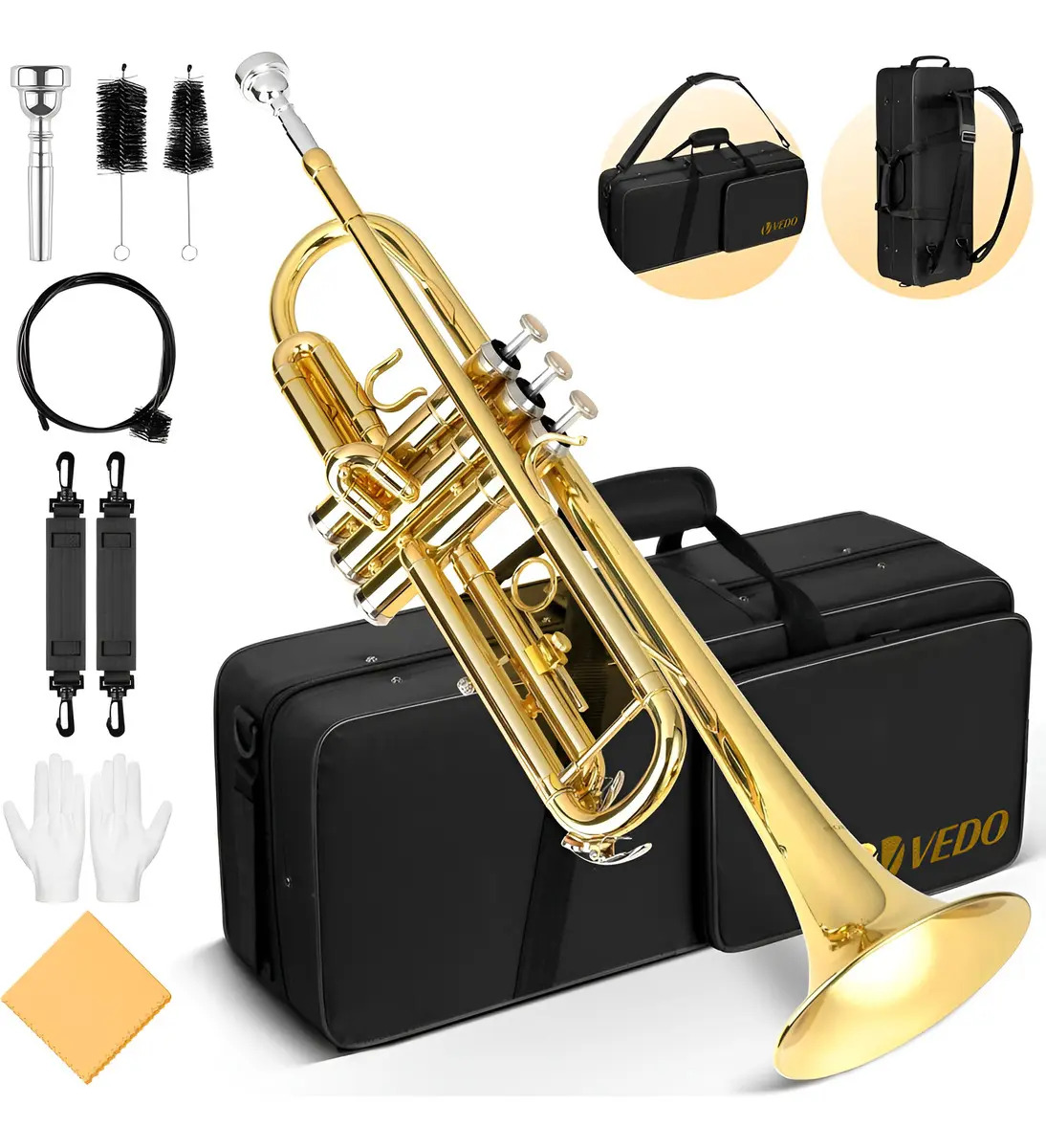 Kit Trompete Vedo Si Bemol Bb Laqueado Estojo Case Luxo Amarelo