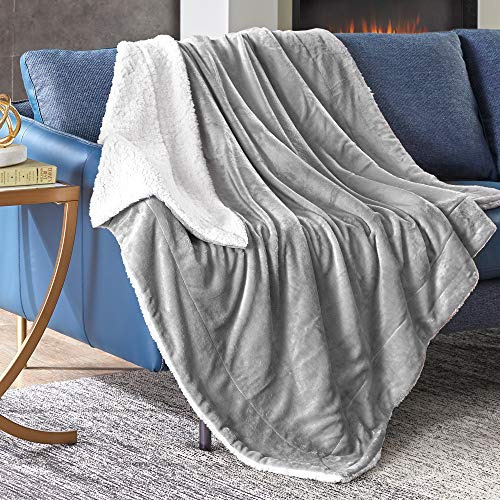 Soft Grey Sherpa Throw Blankets | Cozy Fuzzy Fleece Thr...
