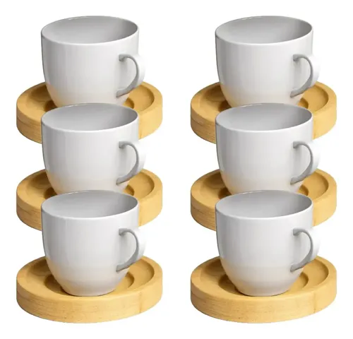 Jogo ​6 Xicara Cafe Branca Porcelana Pires Madeira Premium Branco