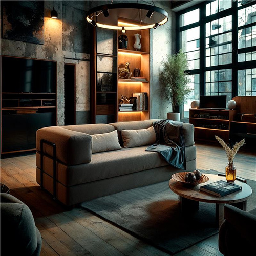 Sofá Cama Casal 2 Em 1 Puff 1,90m Bouclê Cinza Na Caixa Estilo Industrial Moderno Com Base Metal Escandinavo