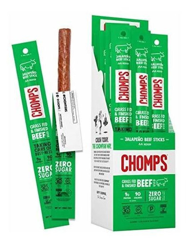 Chomps Grass Fed Jalapeño Carne Seca Snack-sticks, Keto Y Pa