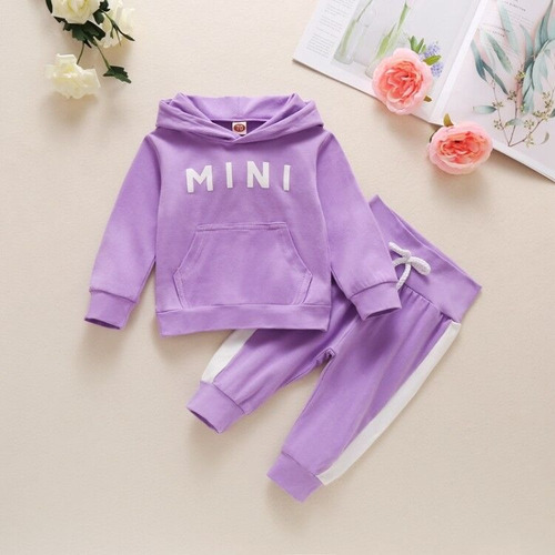 Conjunto De Sudadera Casual Con Capucha Y Estampado De Letra Violeta 6-9 M