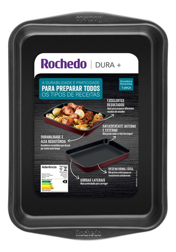 Assadeira Retangular Vermelha Antiaderente Rochedo Dura + 32cm