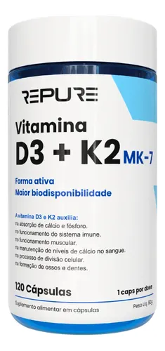 Vitamina D3 K2 Mk7 (2000ui + 149mcg) Premium 120 Cáps Repure