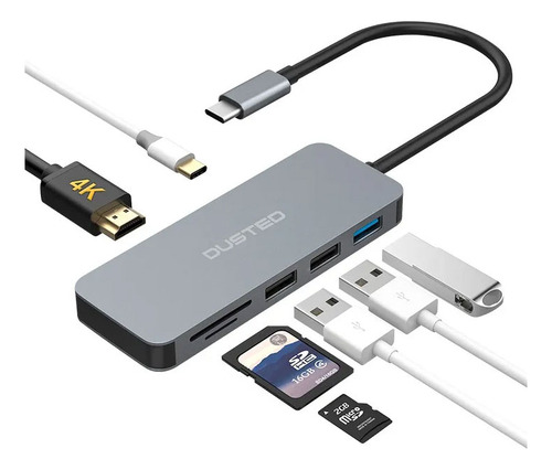 Hub Dusted Usb C Adaptador Multipuertos 7 En 1 Gris