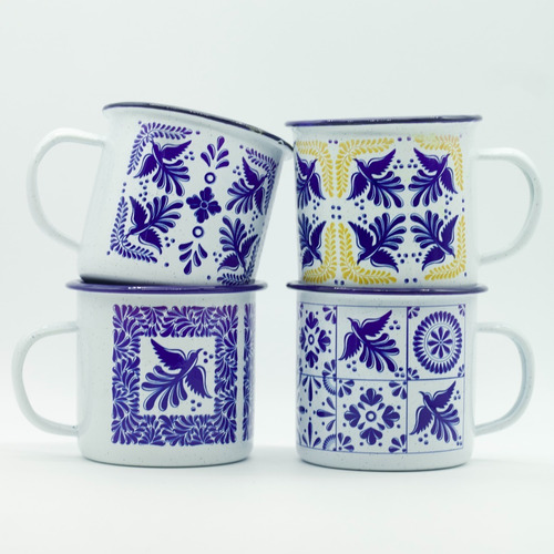 4 Tazas De Peltre Diseño Talavera Poblana