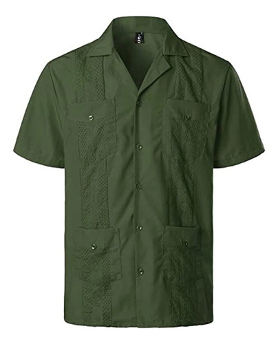 Camisa Guayabera Verde Militar Para Hombre, Manga Corta, Bor