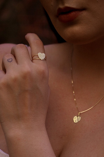 Conjunto Feminino Coração Ouro 18k 50cm + Anel + Brincos