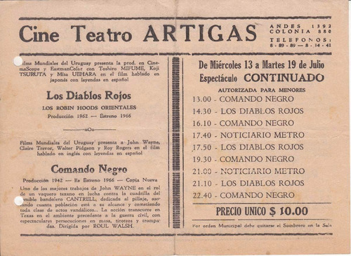 1966 Programa Cine Sala Teatro Artigas Montevideo Andes