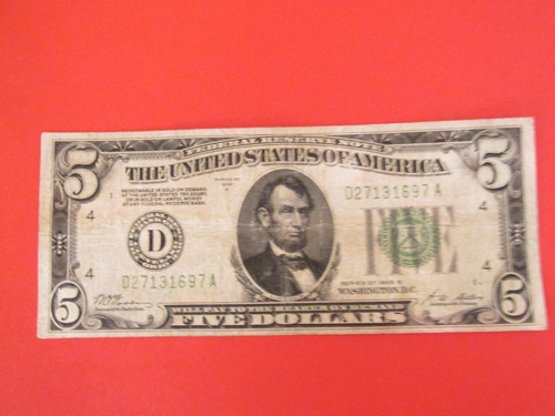 Antiguo Gran Billete Estados Unidos 5 Dolares Año 1928 