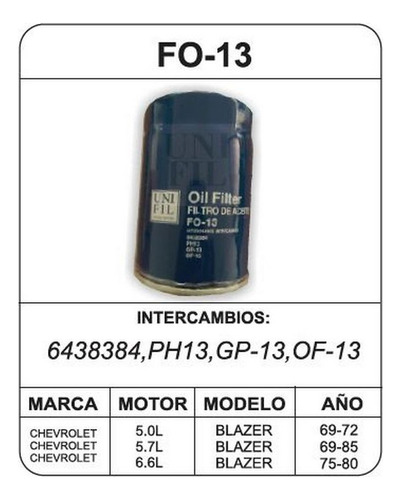 Filtro Aceite Unifl Chevrolet K20 Pickup 8cil 5.7l 1969-1974
