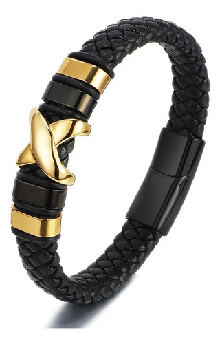 Brazalete Cuero  Negro Con Detalles Dorado Acero