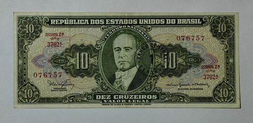 Billete 10 Cruzeiros Resello 1 Centavo 1967 Brasil Vf-xf