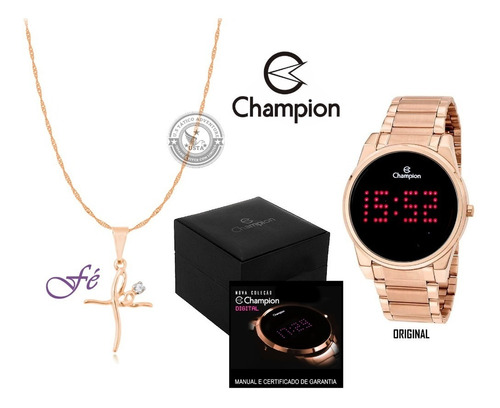 Relógio Champion Aço Rose Com Led Digital Original + Colar