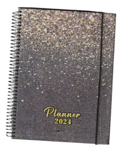 Agenda Planner Datado 2024 Planejamento Diário Capa Glitter Cor da capa Preto-dourado