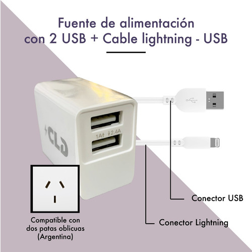 Imagen 2 de 10 de Cargador 2 Usb + Cable Lightning Compatible iPhone iPad 2.4a