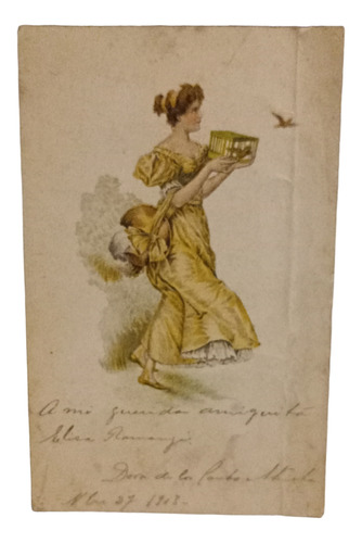 Tarjeta Postal Antigua Mujer Con Jaula De Pajaros 1903