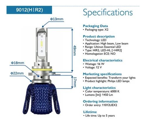 Wang Philips Focos Led H7 H11 9012 (hir2) Ultinon 6000k