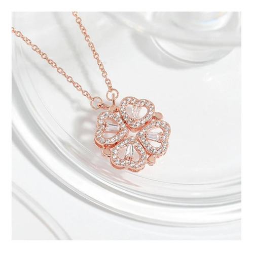 Imagen 6 de 10 de Collar Doble Vista Dorado Rosa Dije Corazones Trébol Mujer