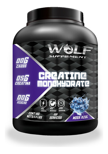 Suplemento Creatina Monohidratada Wolf 1 Kg 100 Servicios Mora Azul