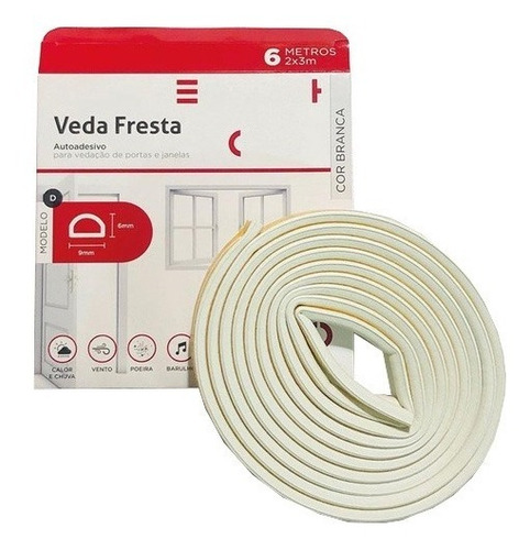 Borracha Vedação Porta Veda Fresta Adesiva Rolo 6m Modelo D Cor Branco