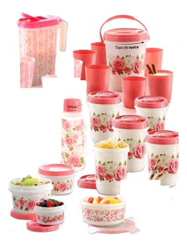 Set Topers Rosas Recipientes Botella Jarra Vasos