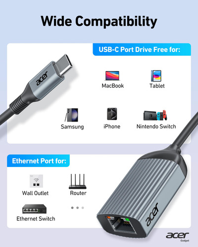 Adaptador Usb C A Ethernet Acer Plug And Play De 1 Gbps
