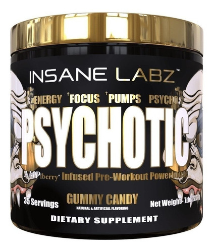 Suplemento en polvo Insane Labz  Psychotic Gold cafeína sabor caramelo gomoso en pote de 203g