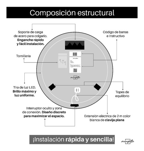 Espejo Circular Led Fría Para Baño Acabado Canto Pulido