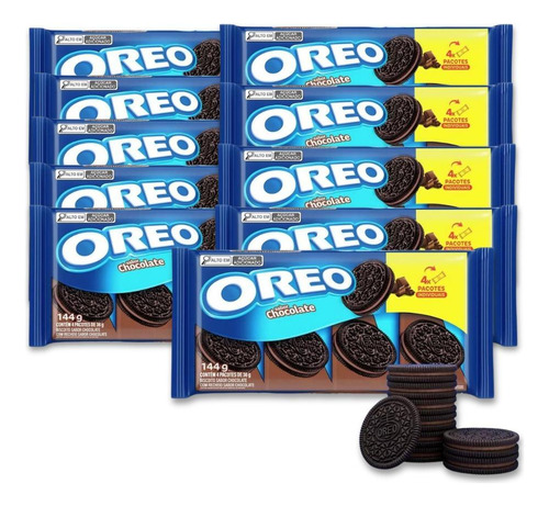 Biscoito Oreo Recheado Chocolate Kit 10 Packs De 144g